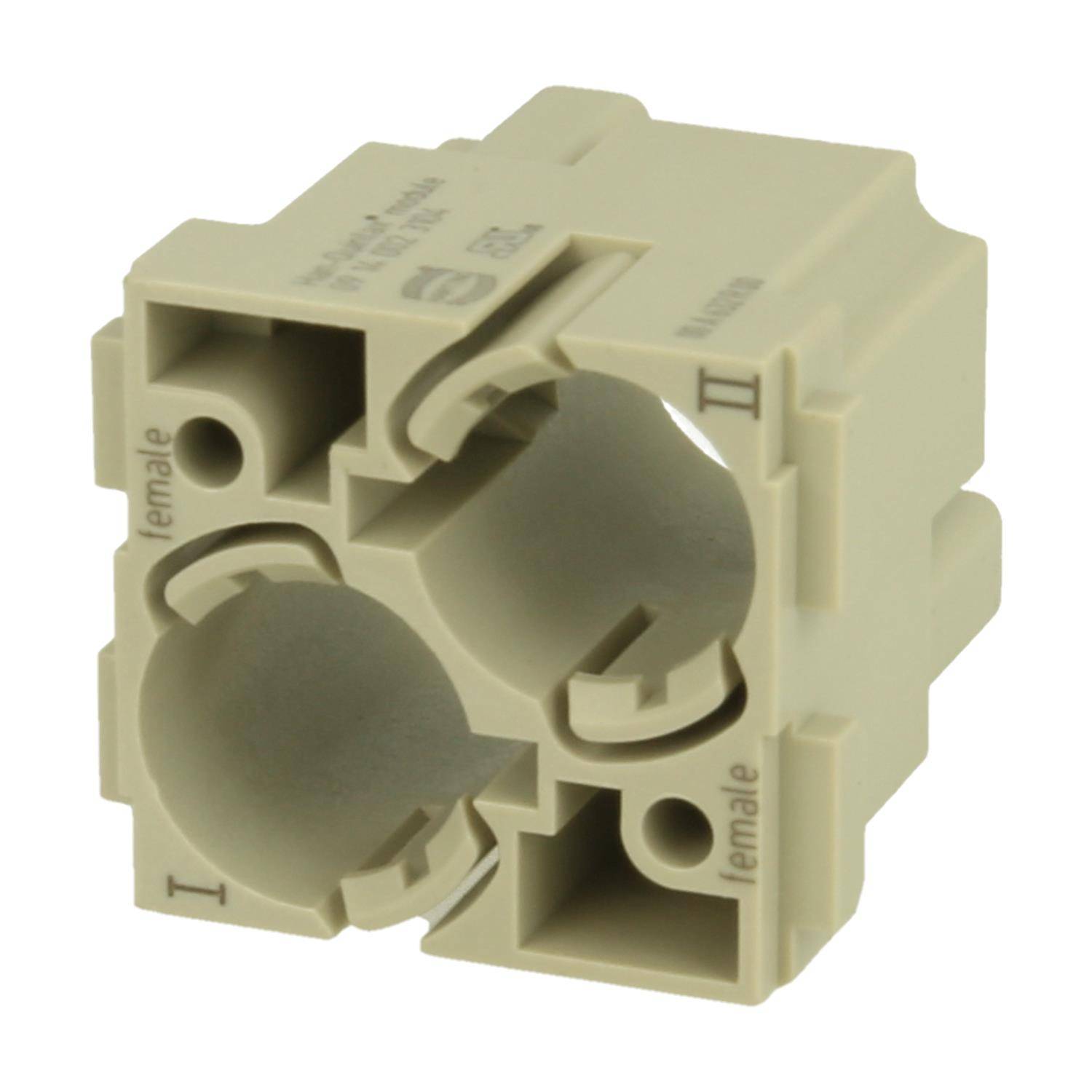 Ein beiger weiblicher Anschlussblock mit drei kreisförmigen Öffnungen, die in zwei Ecken mit ‚female' beschriftet und in einem Portal mit ‚1' gekennzeichnet sind.