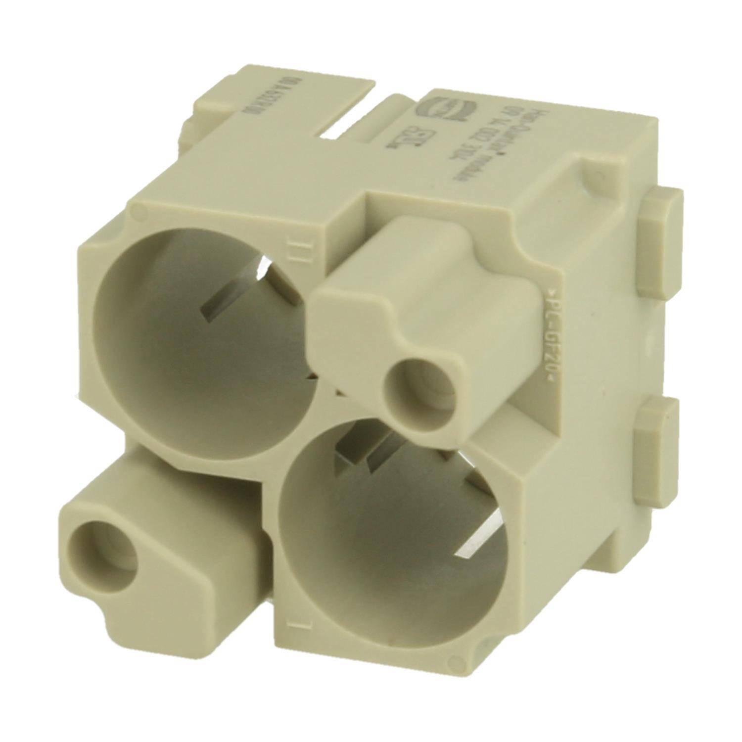 Ein beiger Plastik-Elektroverbinder mit mehreren zylindrischen Anschlüssen für Kabelverbindungen, der eine blockige und geometrische Gestaltung aufweist.