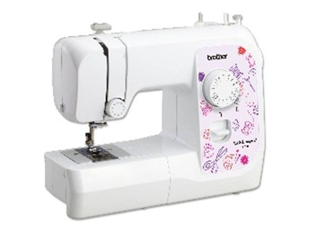 Weiße Brother-Nähmaschine mit floralem Bedienfeld und Drehknopf, dargestellt vor einem einfachen Hintergrund.
