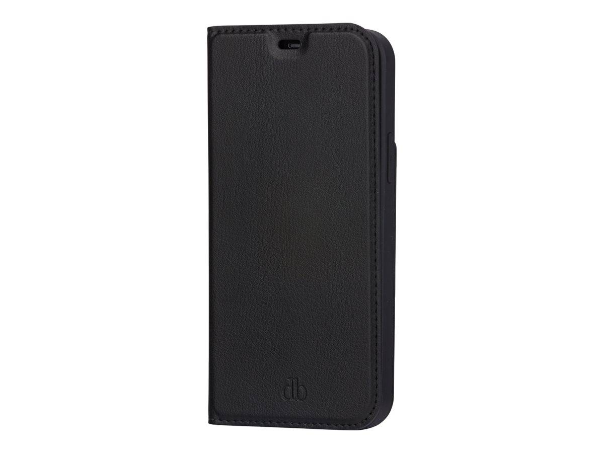 Ein schwarzes Lederhandyhülle mit Klappenabdeckung, mit einem geprägten Logo in der Nähe des unteren Bereichs. Die Hülle ist geschlossen und aufrecht positioniert.