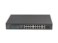 Vorderansicht eines schwarzen Netzwerk-Switches mit mehreren Ethernet-Anschlüssen und Statusleuchten auf einfachem weißem Hintergrund