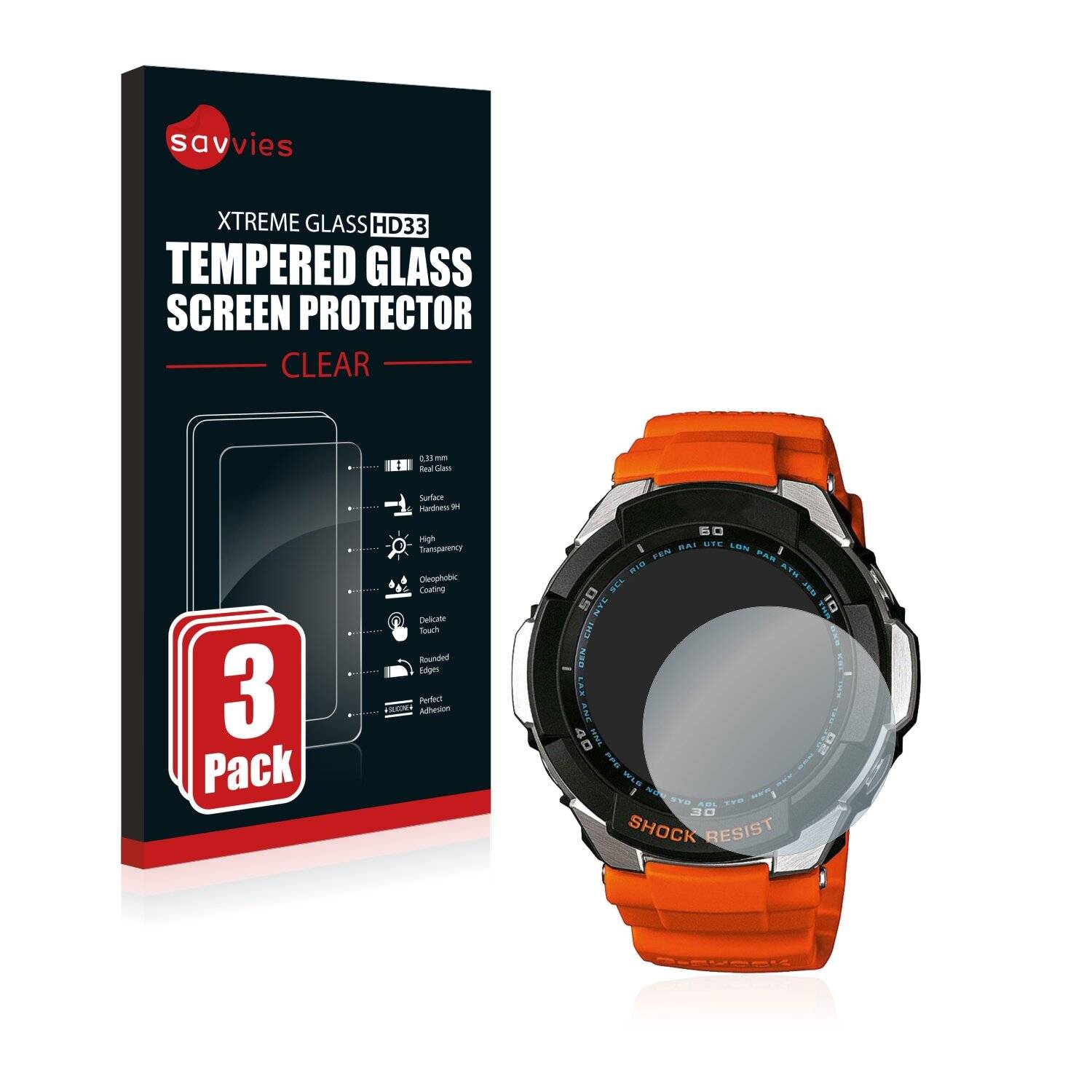 3x Savvies HD33 Clear Schutzglas für Casio G-Shock