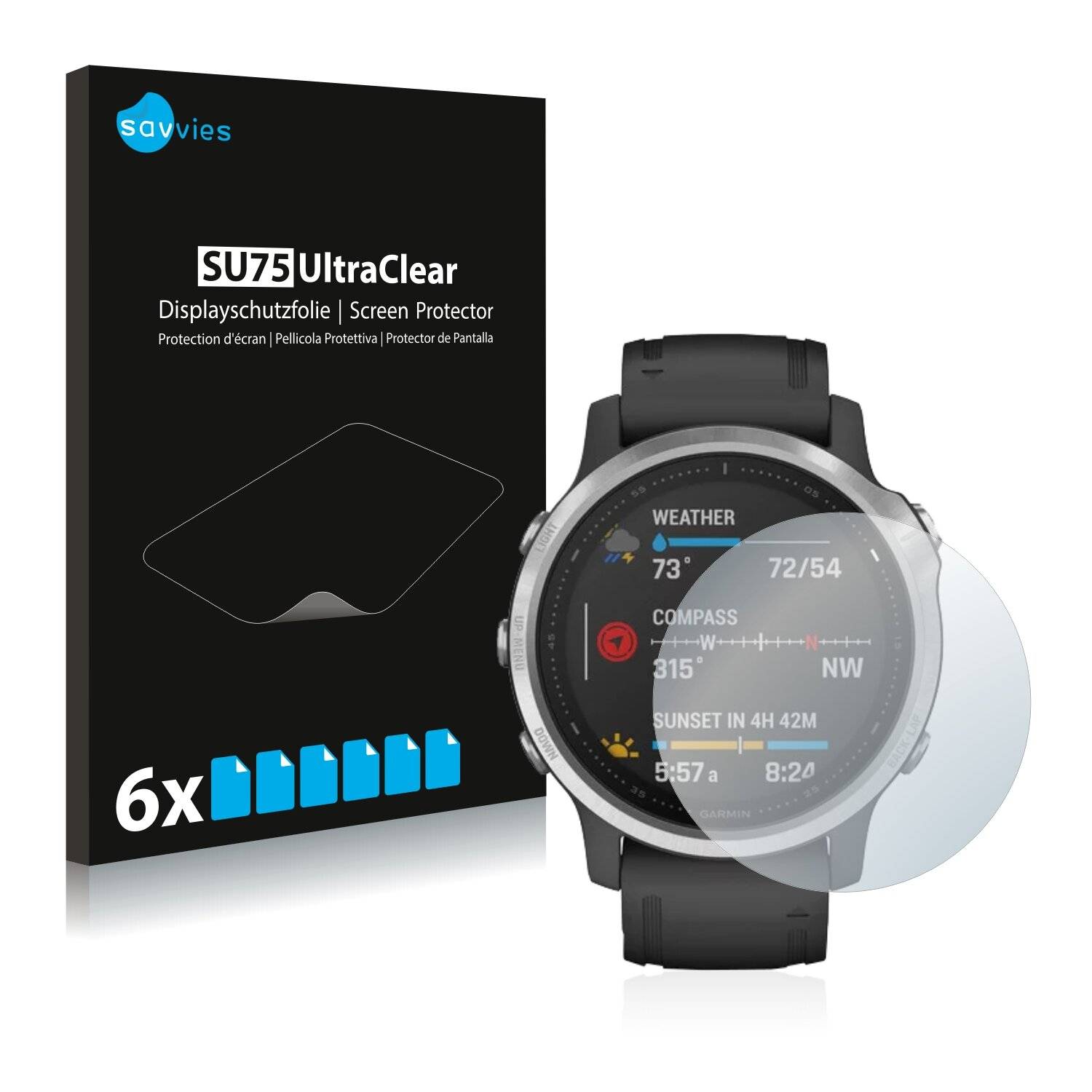 6x Savvies SU75 Displayschutzfolie für Garmin Fenix