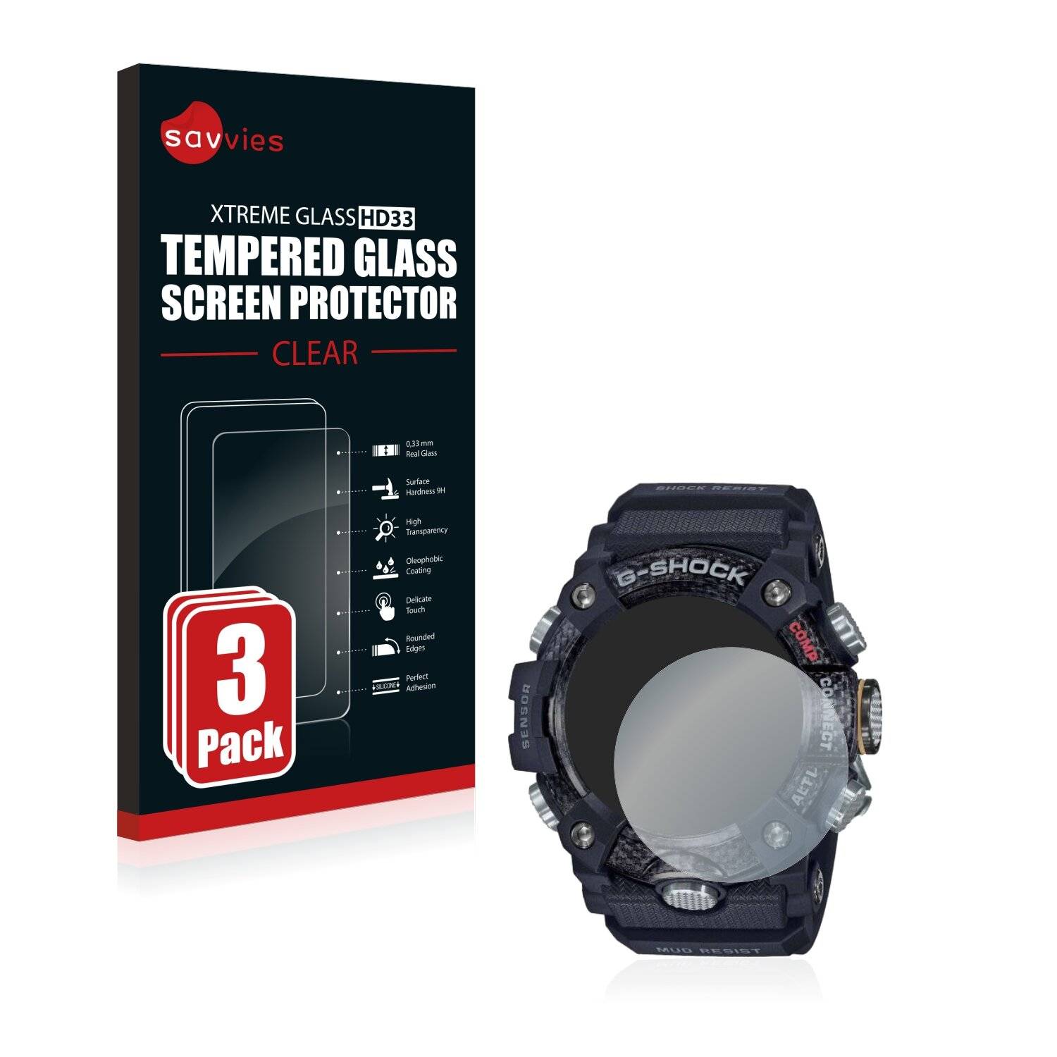 3x Savvies HD33 Clear Schutzglas für Casio G-Shock Mudmaster