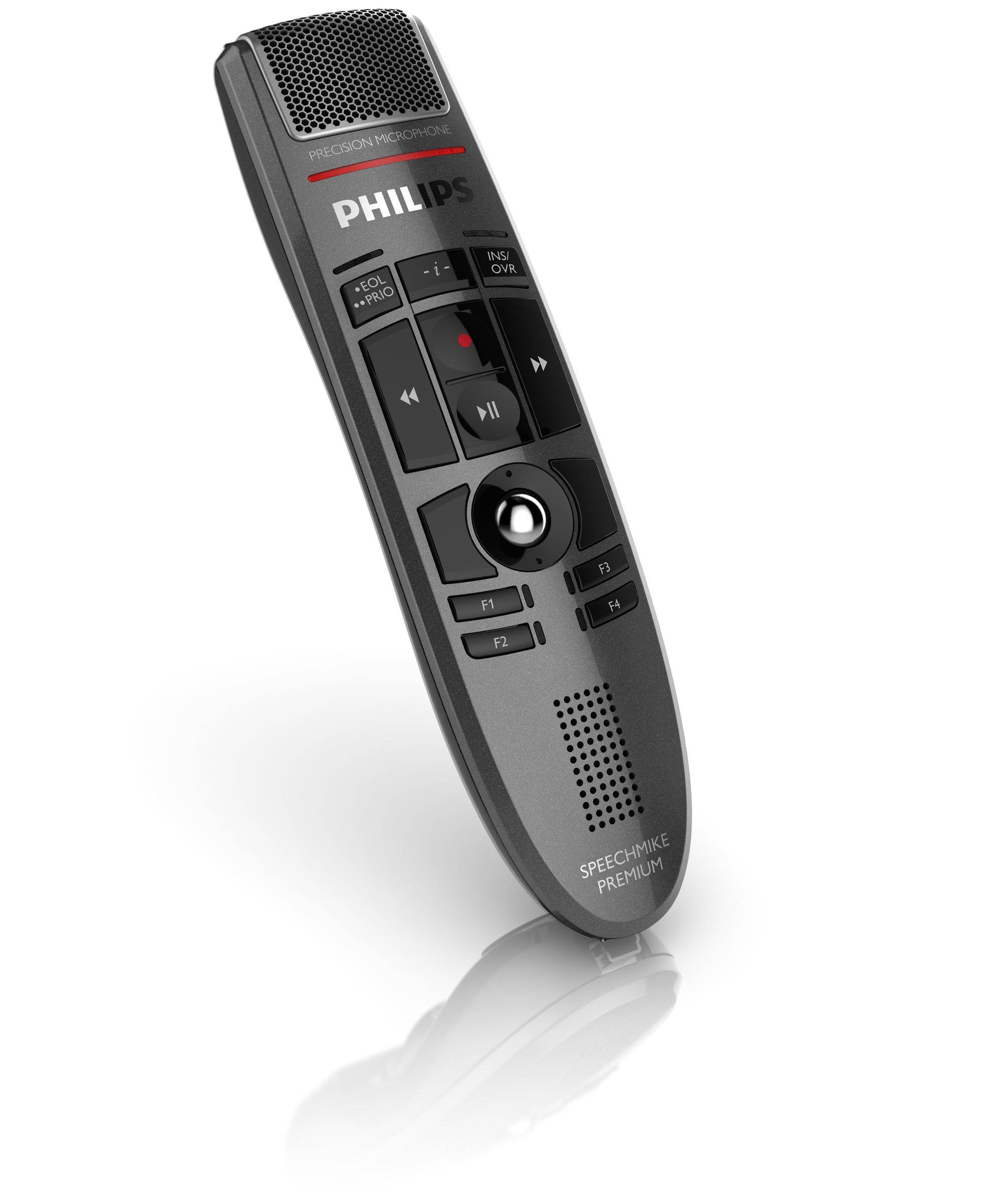 Philips SpeechMike Premium tragbares Diktiergerät im Mikrofon-/Recorderstil mit Steuertasten und Lautsprechergitter auf weißem Hintergrund.