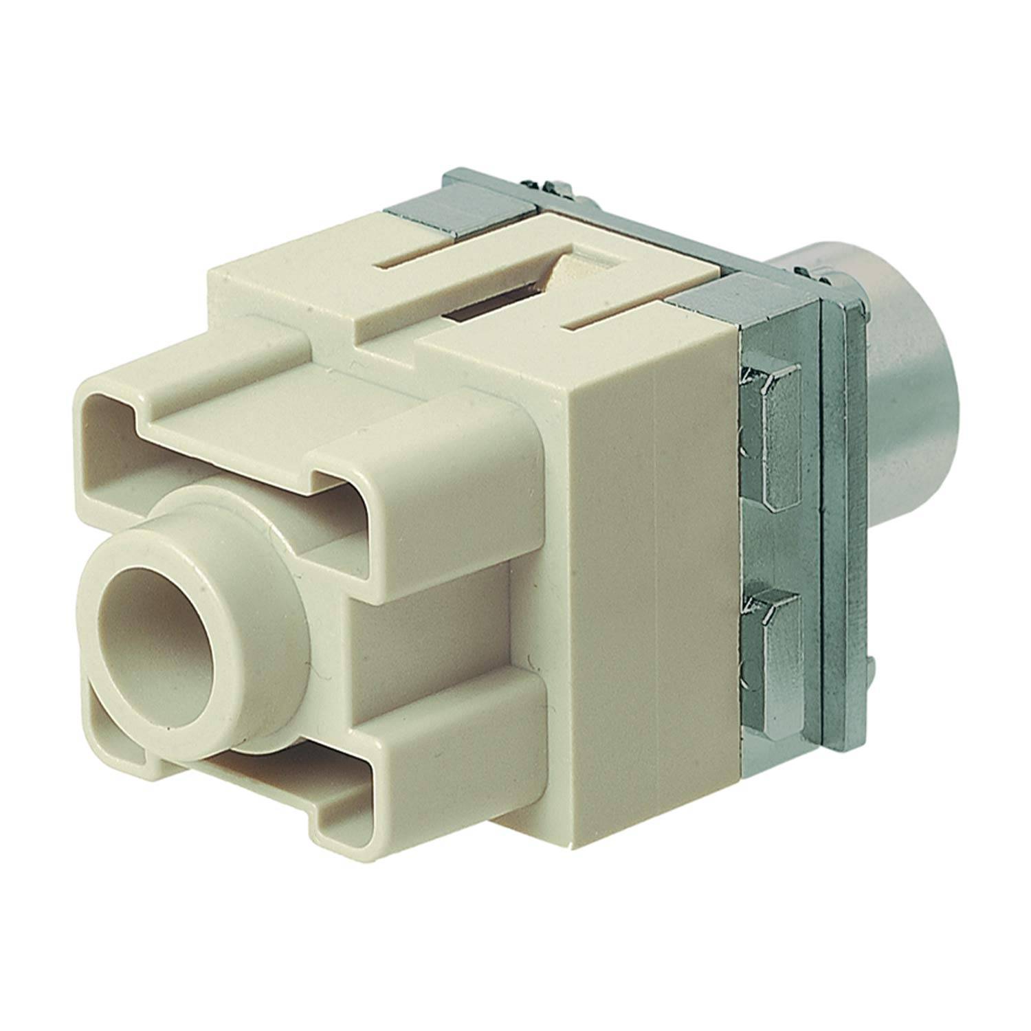 „Eine beige, quadratisch geformte AV-Wanddose mit einem zylindrischen Anschluss und silberfarbenem Metallgehäuse an einer Seite für Audio-/Videoverbindungen.