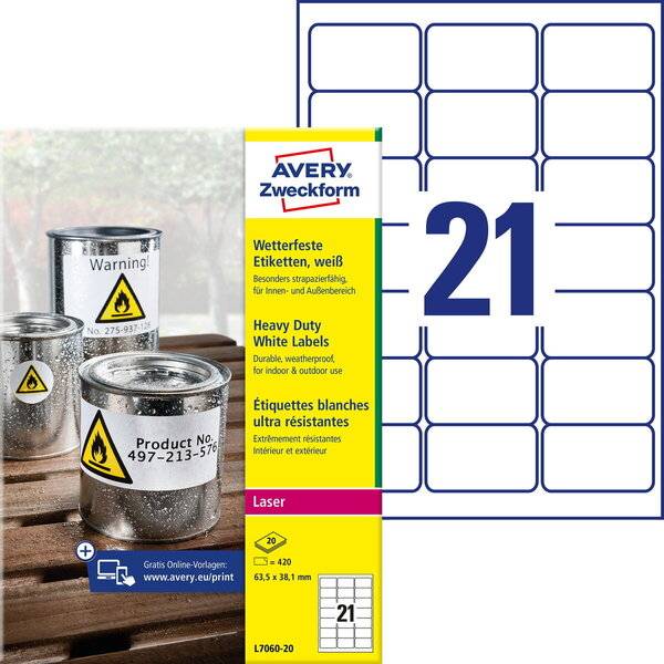 Etikett 63,5x38,1mm A4 LC wetterfest weiß 20 Blatt 20 Stück