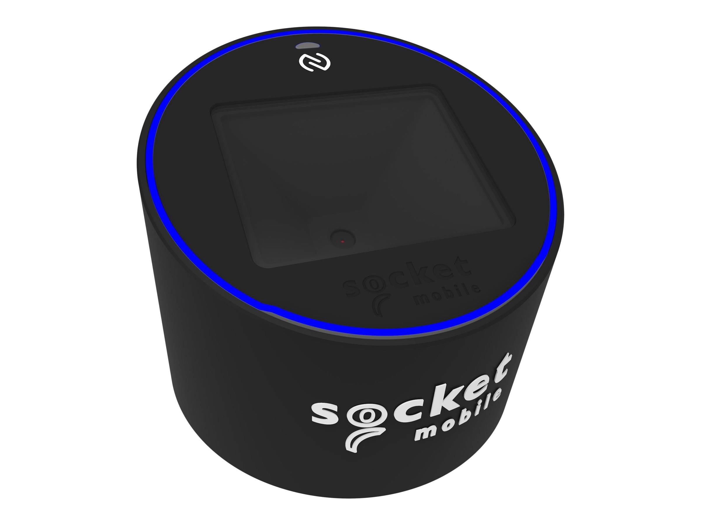 Schwarze zylindrische Socket Mobile Barcode-Scanner-Dockingstation mit blauem LED-Ring und oberem Ladeanschluss.