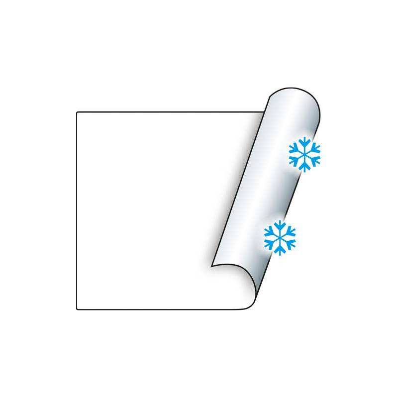 Ein Whitepaper-Symbol mit einer sich im oberen rechten Eck aufrollenden Ecke und zwei blauen Schneeflocken, die Kälte oder Kühlung symbolisieren.