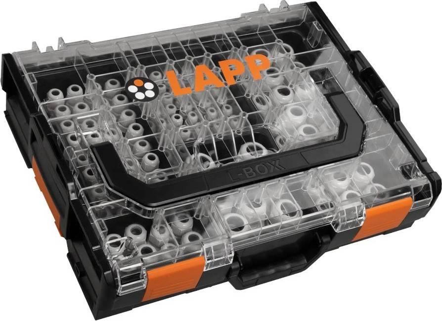 Eine transparente Kunststoffbox mit der Aufschrift ‚LAPP L-BOX', die verschiedene weiße Kabelverschraubungen enthält und zur Organisation und zum Schutz von elektrischen Kabeln verwendet wird.