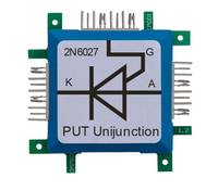 Elektronische Komponenten-Grafik eines 2N6027 PUT-Unijunction-Geräts mit Stiftbezeichnungen K, A und G sowie dem Schaltzeichen auf einem blauen Gehäuse.