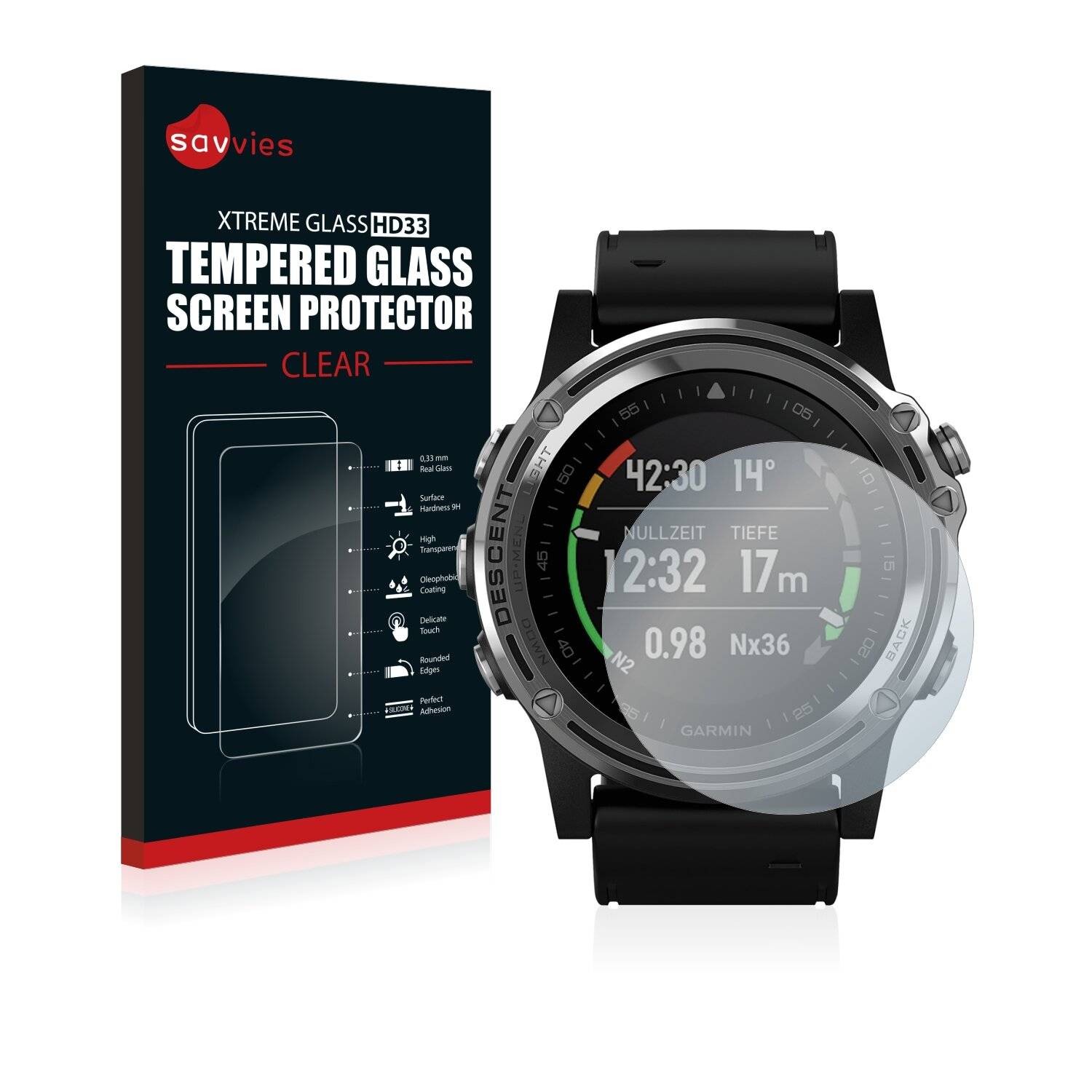 Savvies HD33 Clear Schutzglas für Garmin Descent