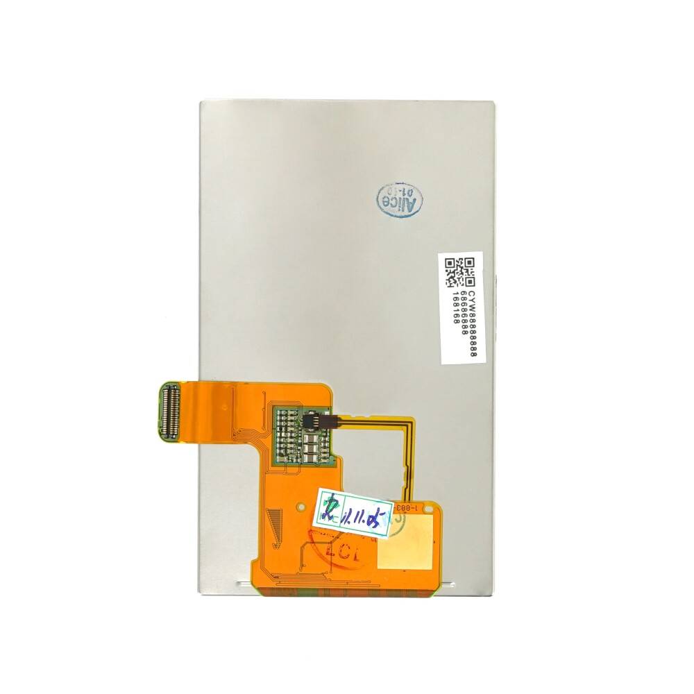 Ersatz-LCD-Anzeigefeld mit orangem Flachbandkabel und angebrachtem Stecker, vor einem einfachen weißen Hintergrund dargestellt.