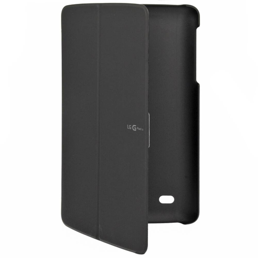 Schwarze LG-Telefon-Flipcover-Schutzhülle, geschlossen auf weißem Hintergrund gezeigt, mit Ausschnitten für Kamera und Lautsprecher.