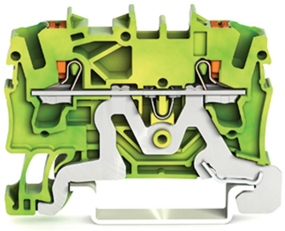 Querschnittsdiagramm eines grünen elektrischen Klemmenblockes, der metallische Verbindungen und Isolierungskomponenten im Inneren zeigt.