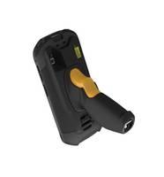 Tragbarer schwarzer Scanner mit gelbem Auslöser und ergonomischem Griff, isoliert auf weißem Hintergrund dargestellt.