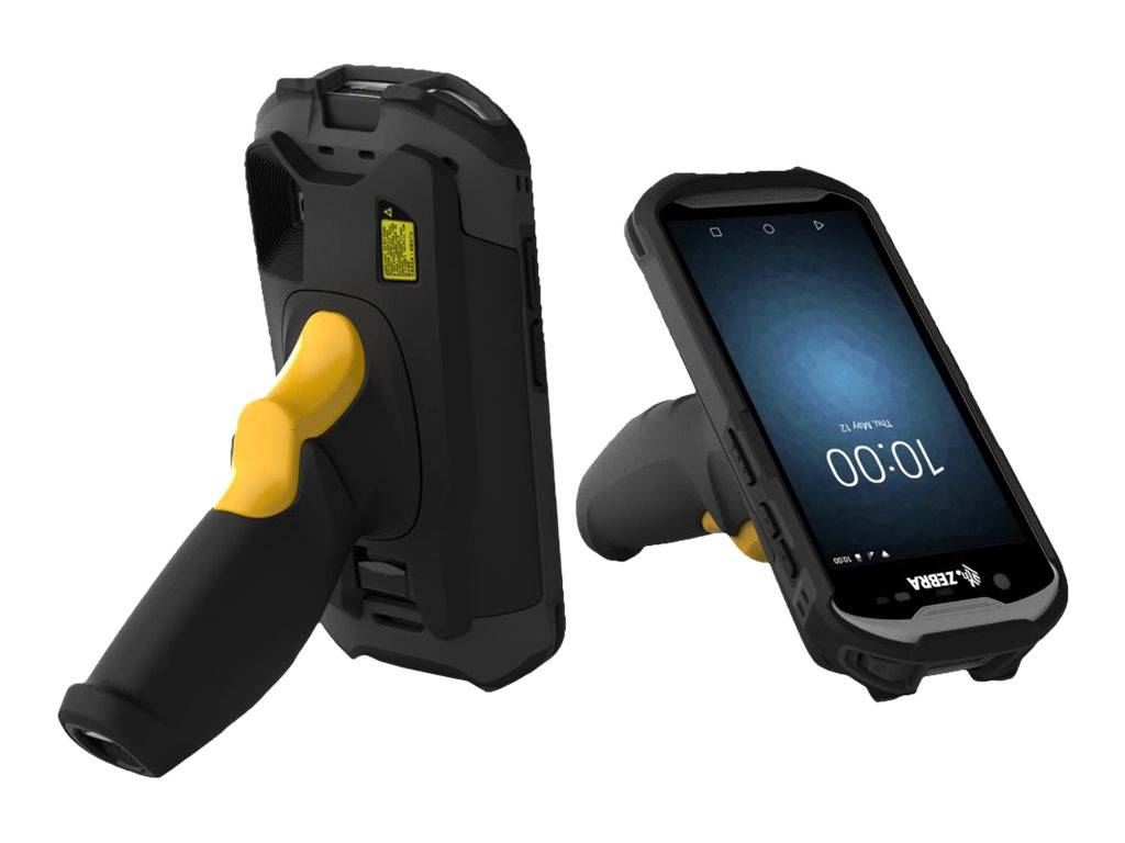 Robuster tragbarer Smartphone-Scanner mit gelbem Pistolengriff, von vorne und hinten auf weißem Hintergrund dargestellt.