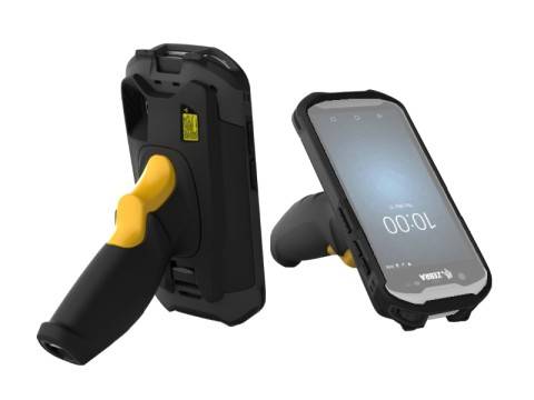 Robuster tragbarer Barcodescanner oder mobiles Gerät mit Pistolengriff, dargestellt in Vorder- und Seitenansicht auf weißem Hintergrund.
