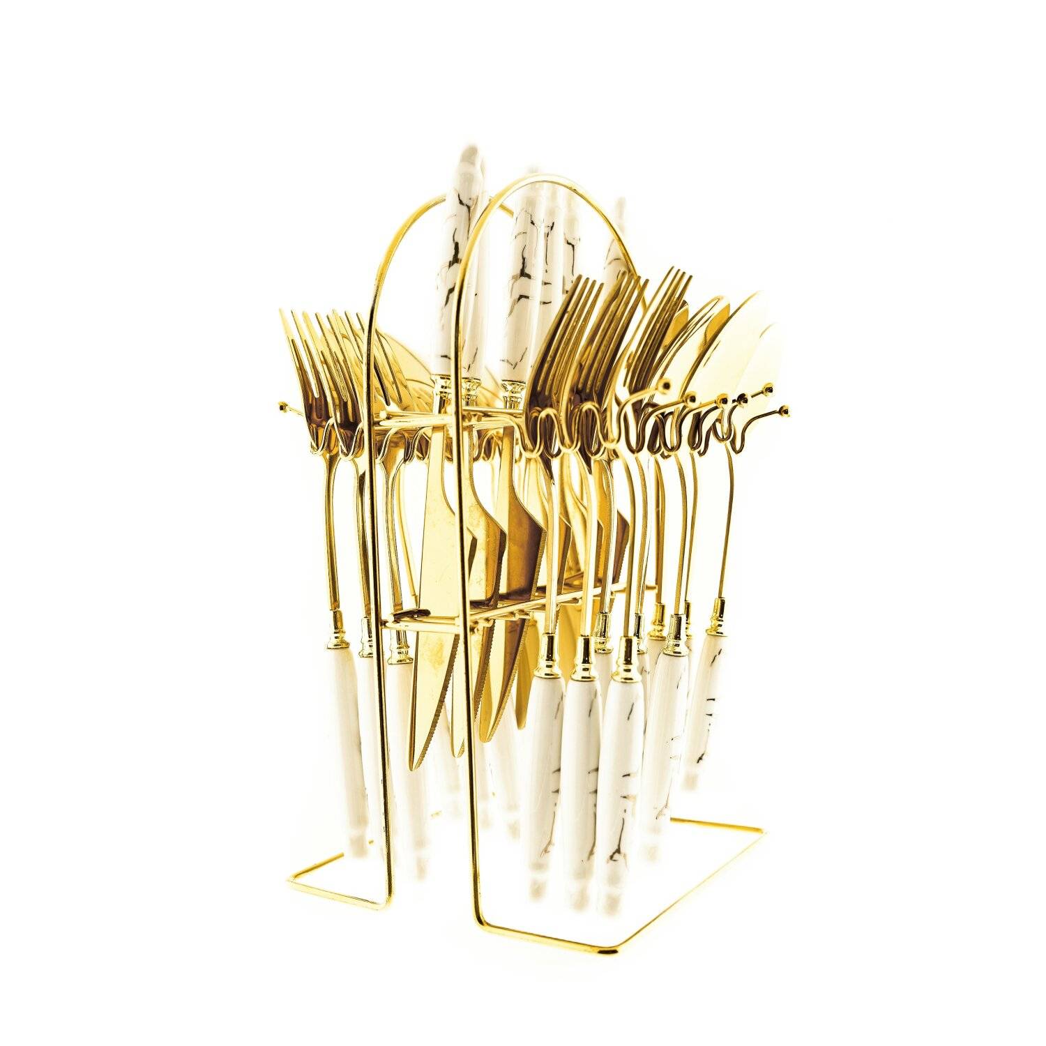 24-Teilig Besteckset mit Ständer 18/10 Edelstahl Gabel Messer Löffel Essgeschirr Keramik DS006