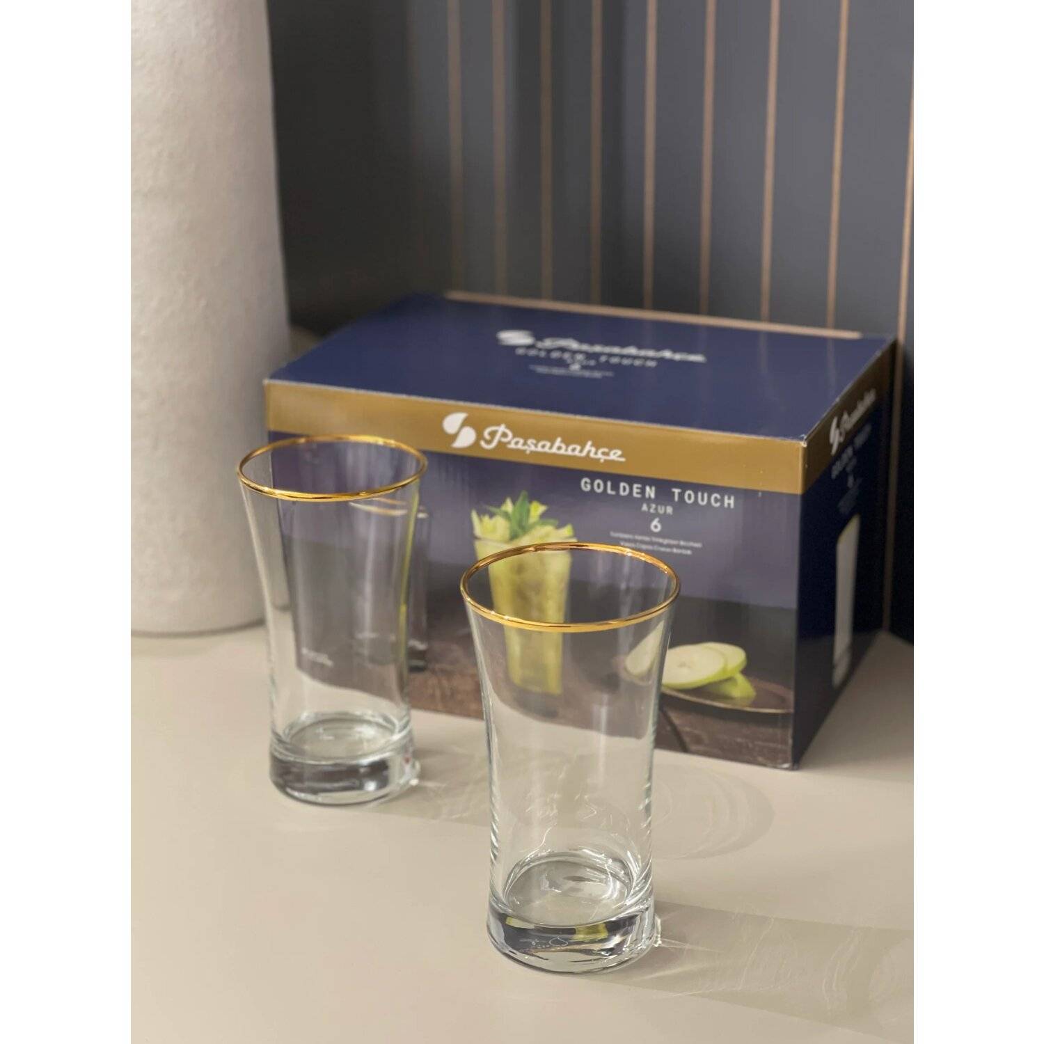 Pasabahce 6-Teilig Iconic Wassergläser Azur Gold Wasser-Gläser Ikonisches Longdrink Glas 300 cc