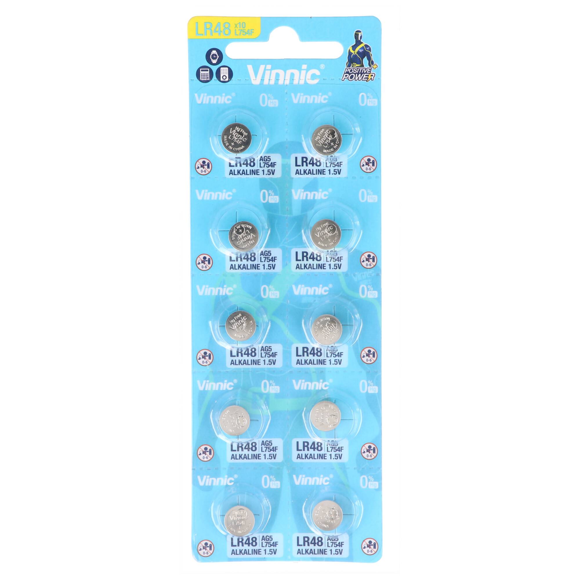 10 Stück Knopfzellen AG5, LR48 mini Vinnic G5, LR 48, AG 5, LR754 Alkaline Batterie