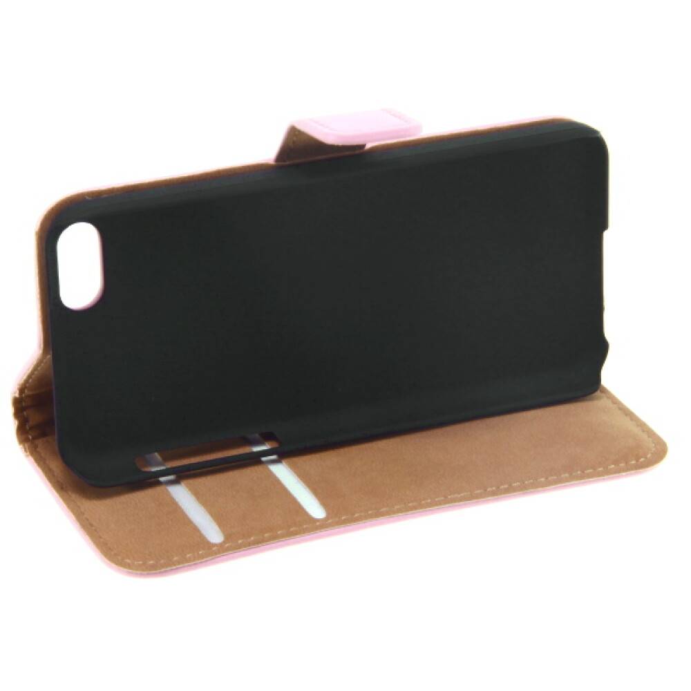 Schwarze Smartphone-Hülle in einer beige Folio-ähnlichen Schutzhülle, geöffnet dargestellt mit sichtbarem Kameraausschnitt und Kartensteckplätzen.