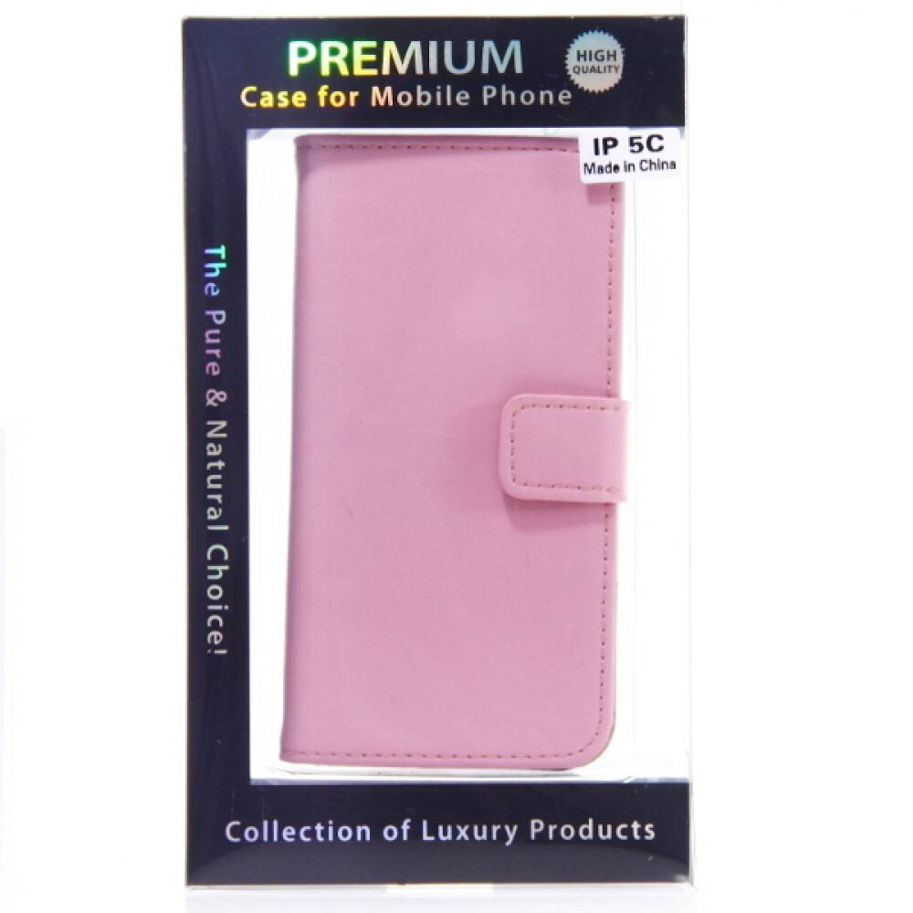 Verpackung für eine rosafarbene Leder-Stil-Handytasche mit der Bezeichnung „PREMIUM