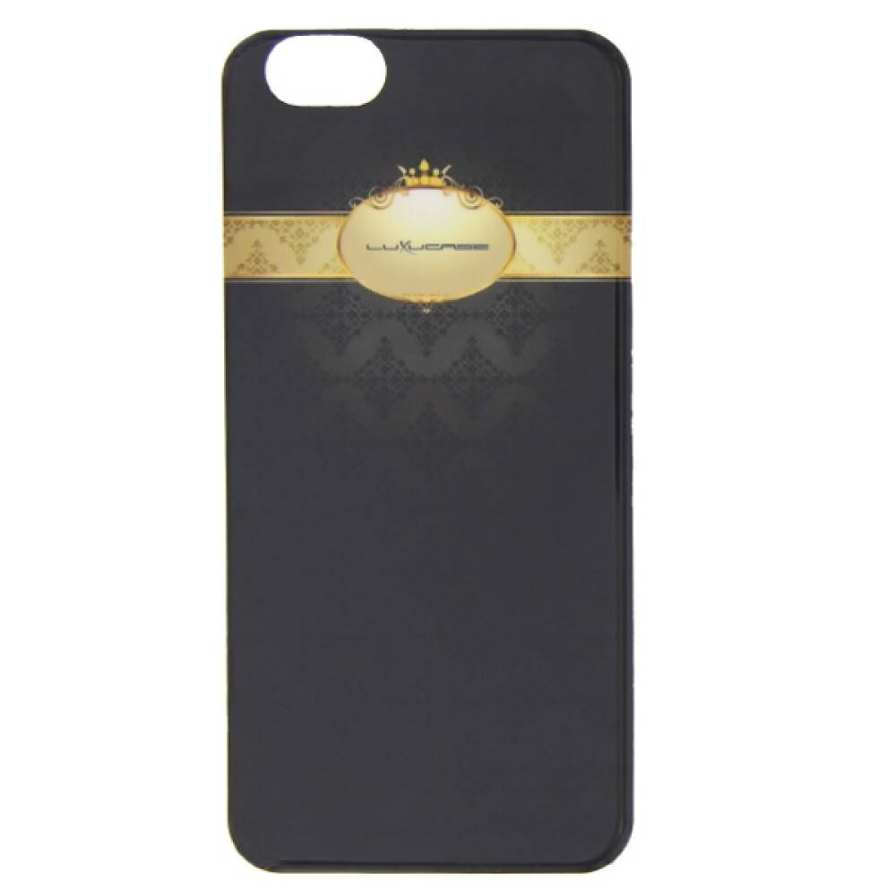 Schwarze Smartphonehülle mit goldenem Dekorband und ovalem Logo in der Nähe der Oberseite, auf einfachem weißem Hintergrund dargestellt.