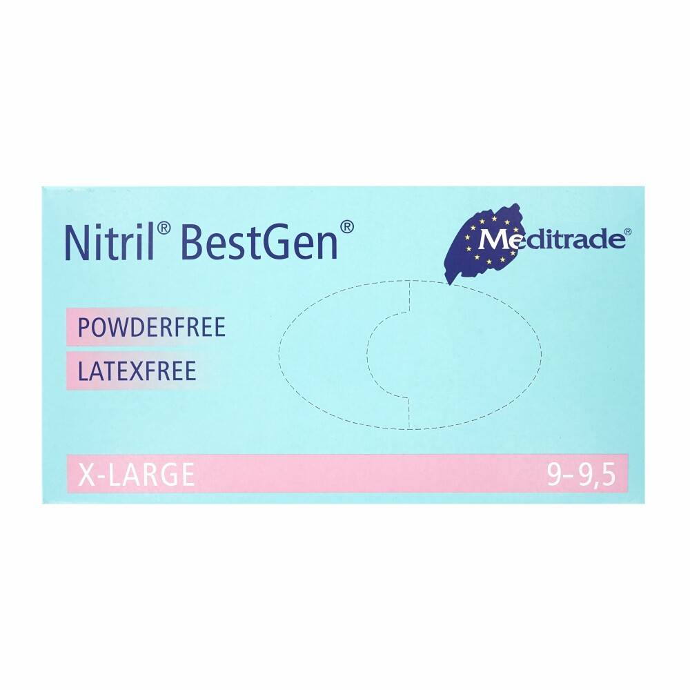 Meditrade Nitril BestGen Handschuhe Box, puderfrei und latexfrei, Größe X-Large für Hände 9-9,5, auf hellblauem Hintergrund.