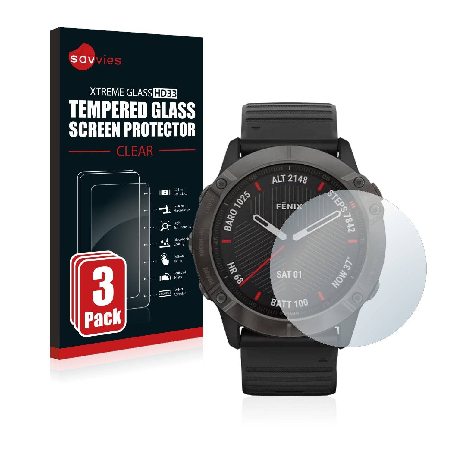 3x Savvies HD33 Clear Schutzglas für Garmin Fenix 6X