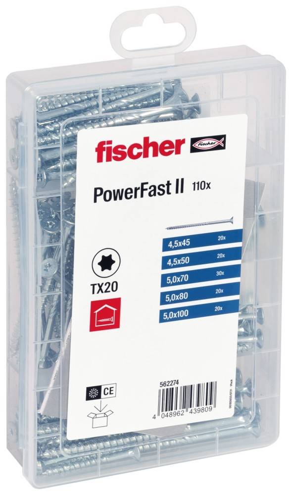 Schraubenpaket mit der Aufschrift 'fischer PowerFast II 110x', mit Größen von 4,5x45 mm bis 5,0x100 mm, enthält 20 Stück jeder Größe; markiert mit TX20.