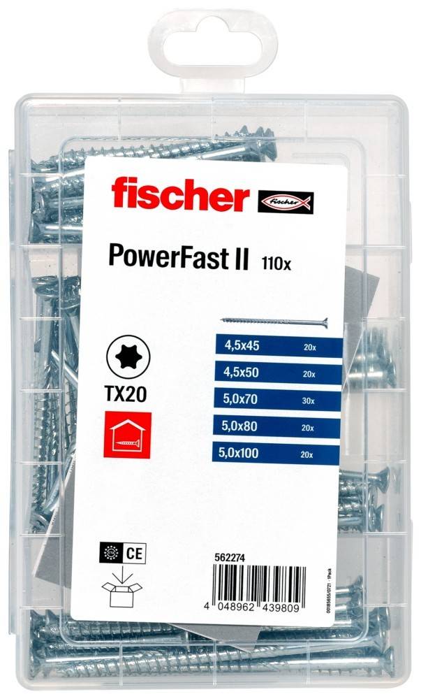 Fischer PowerFast II Schrauben, sortierte Größen: 4,5x20mm, 4,5x50mm, 5,0x70mm, 5,0x80mm, 5,0x100mm. Karton mit 110 Schrauben, TX20-Antrieb, CE-gekennzeichnet.