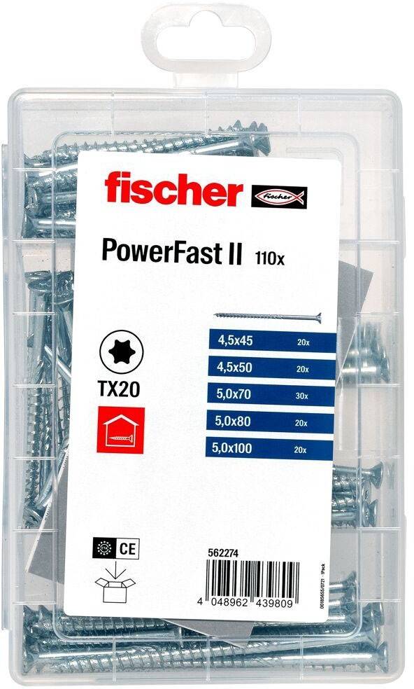 Paket von 'fischer PowerFast II' Schrauben, TX20, in verschiedenen Größen: 4,5x45 mm, 5,0x50 mm, 5,0x70 mm, 5,0x80 mm, jeweils 20 Stück.