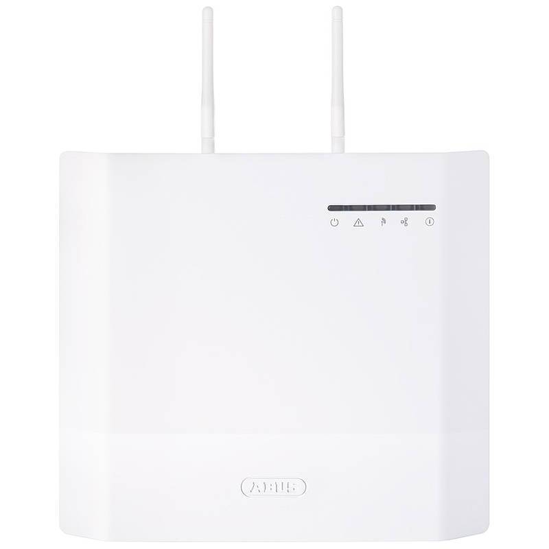 Ein weißer kabelloses Router mit zwei Antennen und LED-Indikatoren für Stromversorgung, Internet, Wi-Fi, LAN und WPS auf der Vorderseite.