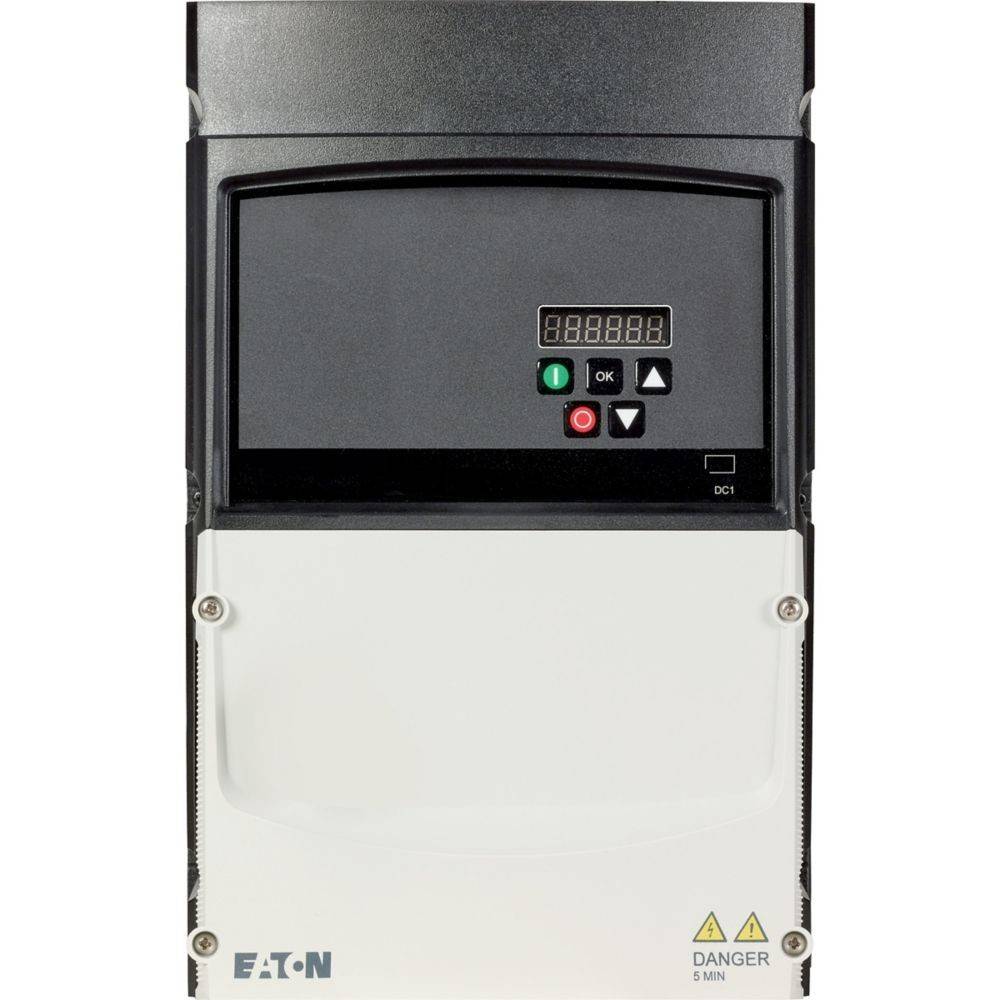 Ein schwarz-weißes elektrisches Gerät von Eaton mit einem digitalen Display und Bedienungstasten, unten mit der Aufschrift 