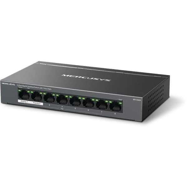Mercusys 8-Port-Ethernet-Switch auf weißem Hintergrund, in Draufsicht mit sichtbaren vorderen Anschlüssen und Statusleuchten.