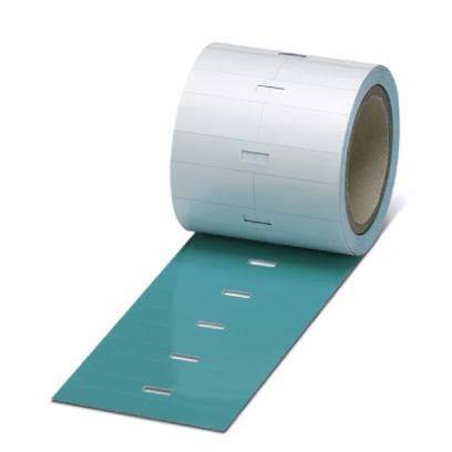 Eine Rolle von Etiketten mit hellblauem Hintergrund und weißer Rückseite. Die Etiketten haben kleine rechteckige Ausschnitte, teilweise abgerollt.