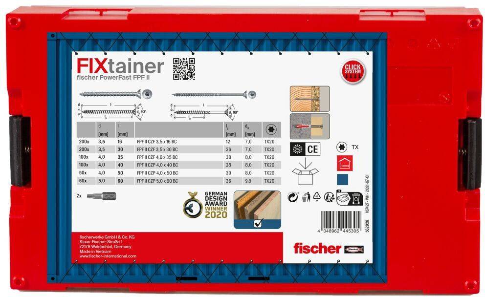 Die Etikette des 'Fischer PowerFast FPF II' Schraubenpakets zeigt detailliert Schraubentypen, Größen und Mengen, zusammen mit Zertifizierungssymbolen und Auszeichnungen.