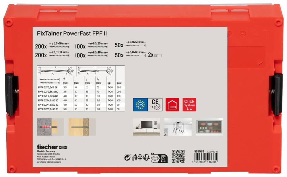Fischer PowerFast FPF II Schraubenpackung: verschiedene Größen mit Dimensionstabelle, CE- und Click-System-Zertifizierungen, Produktbeispiele.
