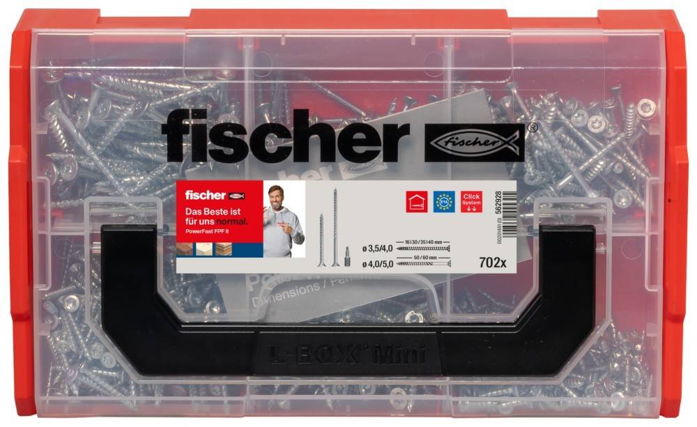 Ein transparenter Plastikbehälter mit der Aufschrift 'fischer', gefüllt mit Schrauben. Das Etikett zeigt Details wie Größen 3,5x40 und 4,0x50 sowie eine Menge von 702.