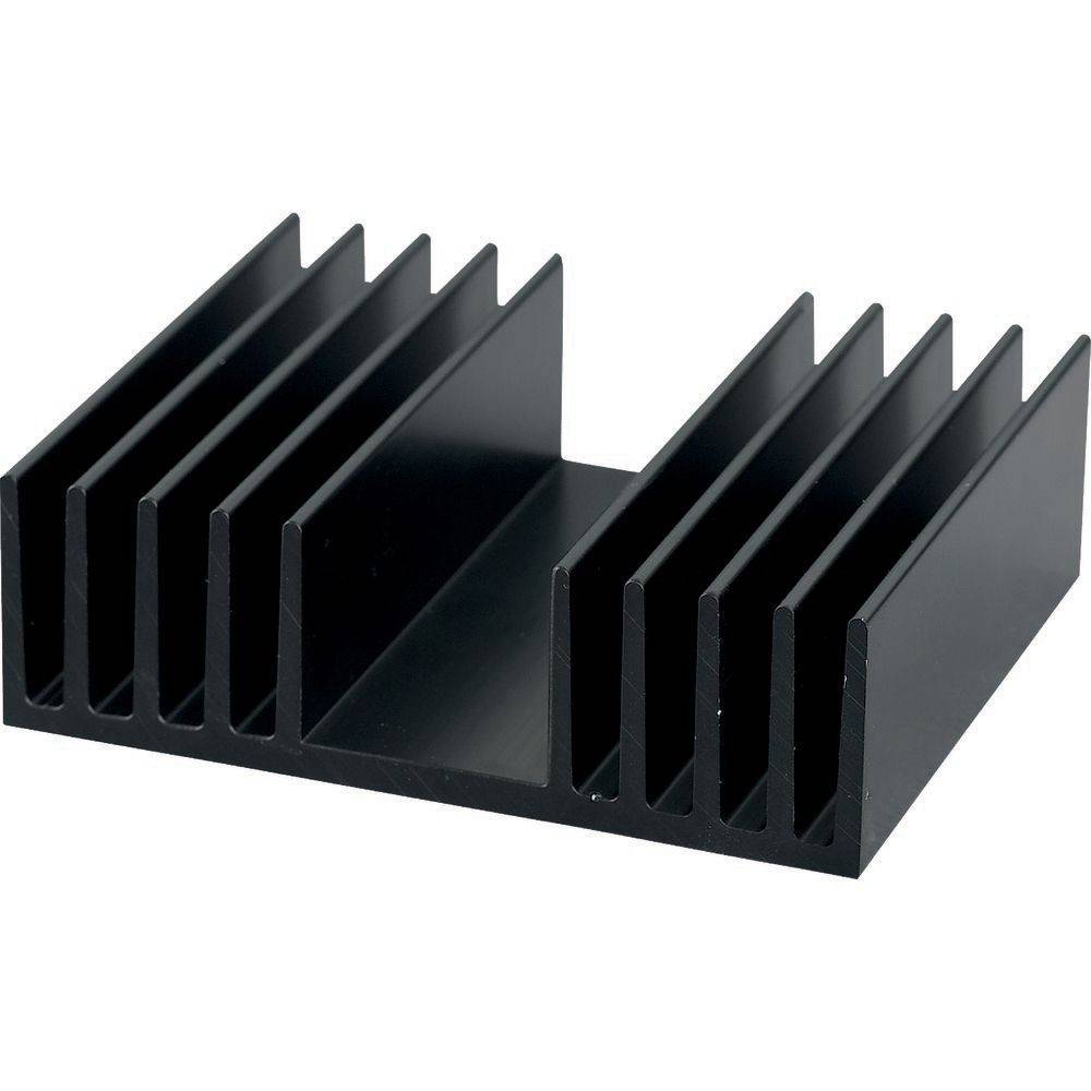 Ein schwarzer Metallkühlkörper mit mehreren parallelen Lamellen, der entwickelt wurde, um Wärme von elektronischen Komponenten abzuleiten.