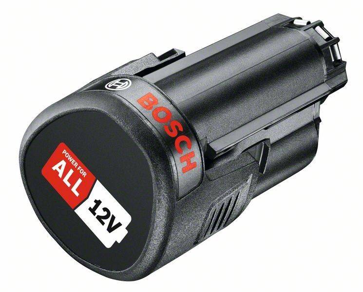 Eine schwarze Bosch 12V Batterie mit dem Aufdruck 'POWER FOR ALL', entwickelt für verschiedene Werkzeuge und mit Betonung auf Kompatibilität und Vielseitigkeit in der Anwendung.