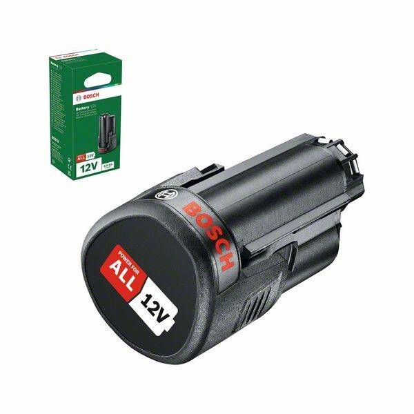 Bosch 12V-Akku-Pack und Verpackung. Der Pack verfügt über 'POWER FOR ALL 12V' und passt zu kompatiblen Bosch-Werkzeugen für vielseitigen Einsatz.