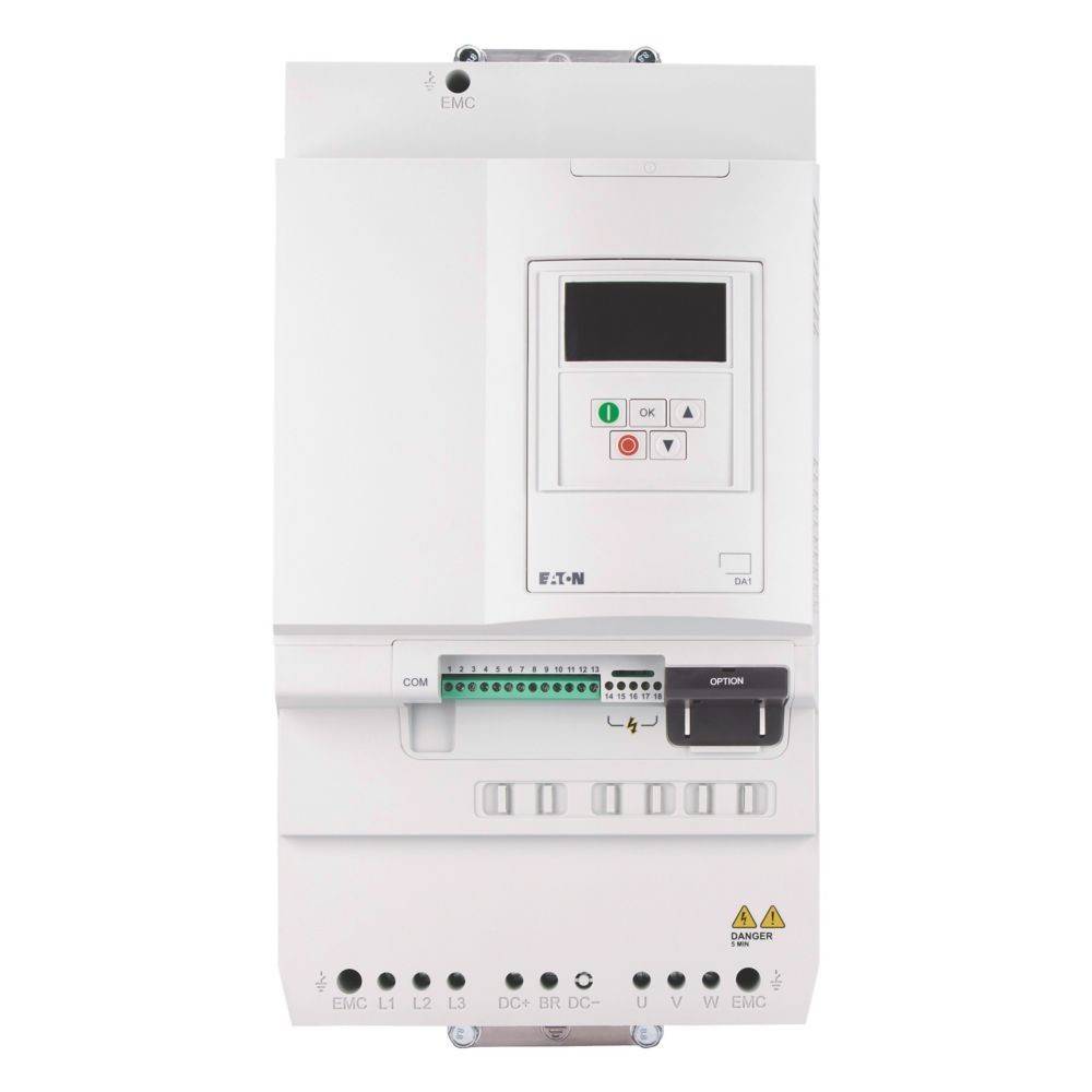 Ein weißes elektrisches Gerät mit Tasten, Drehknöpfen und Anschlussports, der Marke 'Eaton'. Geeignet für Steuerungs- und Energiemanagementaufgaben.