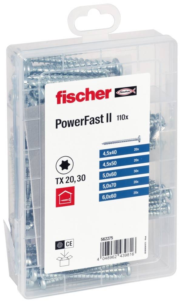 Eine Schachtel Fischer PowerFast II Schrauben, beschriftet mit Größen 4.5x40 bis 6.0x60, Torx-Antrieb TX 20,30. Bild zeigt Schrauben- und Antriebstypensymbole.