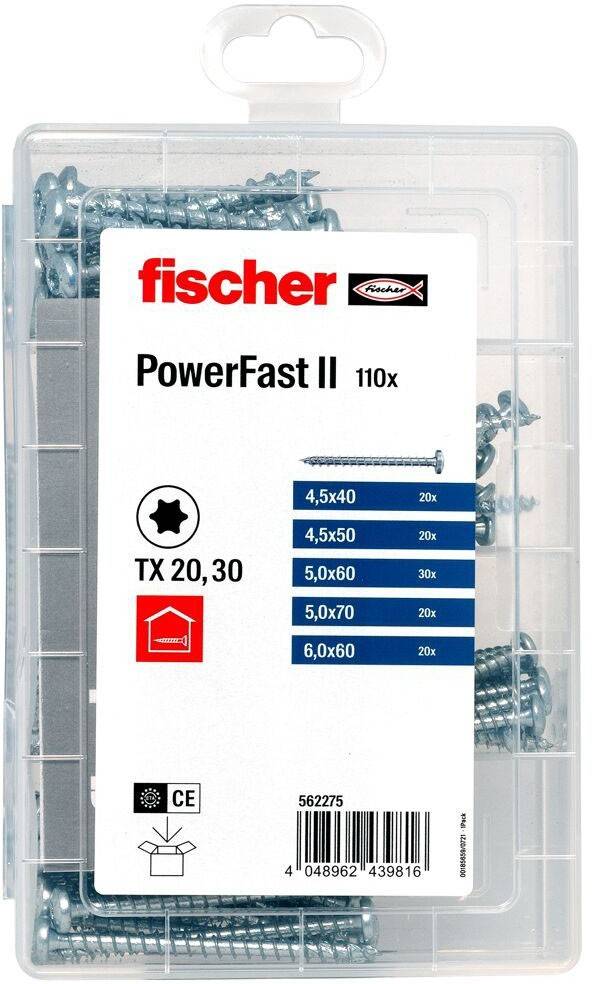 Eine Packung Fischer PowerFast II Schrauben, 110 Stück, mit Spezifikationen und Größen: 4,5x50, 4,5x60, 5,0x70, 5,0x60 und TX 20, 30.