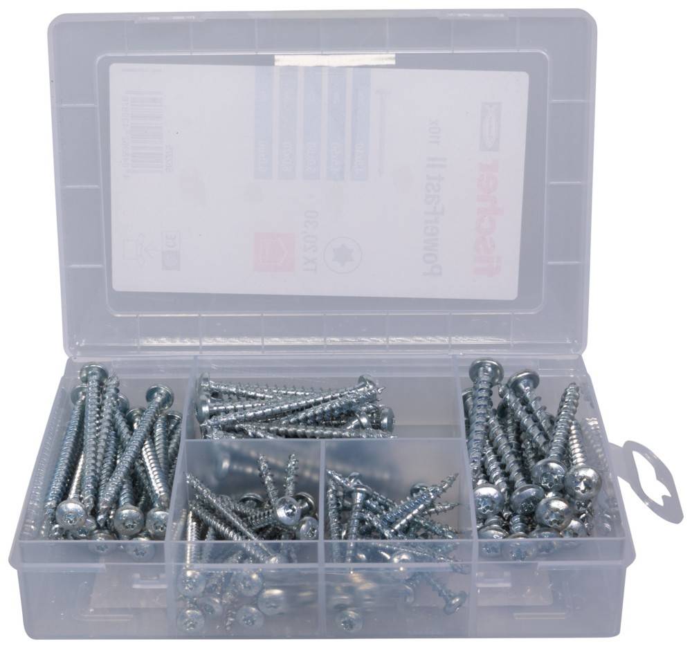 Eine transparente Plastikbox mit verschiedenen Fächern, die mit Metallschrauben unterschiedlicher Größen gefüllt ist.