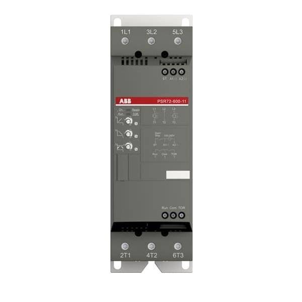 Softstartersteuergerät mit digitaler Schnittstelle, auf dem Frontpanel mit 'ABB' gekennzeichnet, zeigt Anschlusspunkte für elektrische Systeme.