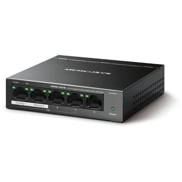 Schwarzer MERCUSYS 5-Port-Ethernet-Switch mit fünf vorderen RJ45-Anschlüssen, Statusleuchten und einem Netzschalter auf neutralem Hintergrund.