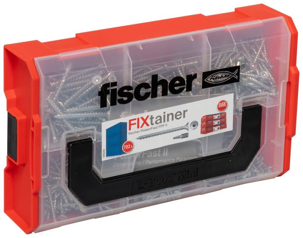 Ein Kunststoffbehälter von Fischer mit der Aufschrift ‚FIXtainer', gefüllt mit Schrauben. Die Box verfügt über einen Tragegriff und einen transparenten Deckel, der die Inhalte sichtbar macht.